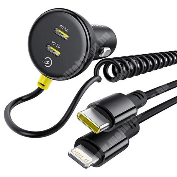 GoPro Hero 9 Baseus Circular autós, szivargyújtós telefontöltő, 2 x USB-C aljzat, 60W, PD 3.0, QC 3.0 gyorstöltés, Fix Type-C + Lightning kábel, C00035902121-00, Fekete