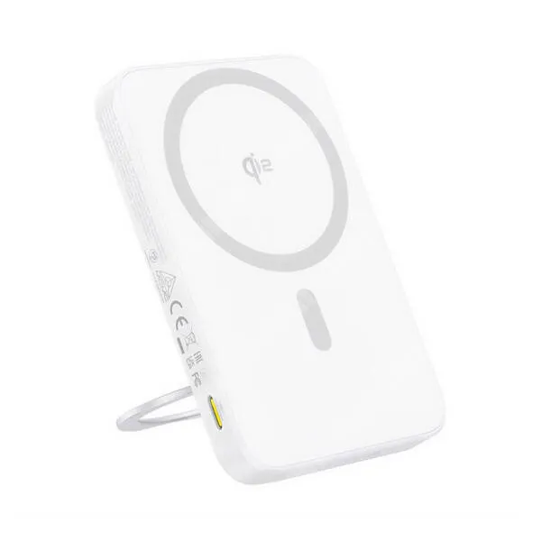 Jolla Jolla C Baseus PicoGo Qi2 power bank, Vésztöltő, 1 x USB-C aljzat, 5000mAh, 20W, PD3.0, QC3.0 gyorstöltő, 15W MagSafe vezeték nélküli töltés, Kitámasztható, P10076800213-01, Fehér