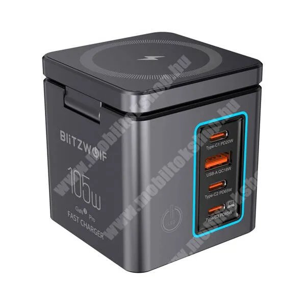  Blitzwolf asztali gyorstöltő állomás, 105W, 3 x USB-A, 3 x USB-C, 1 x USB-A, 15W MagSafe, 5W Airpods, Apple Watch töltő Qi vezeték nélküli töltés, GaN, PD 3.0, QC 3.0, BW-I113, Fekete