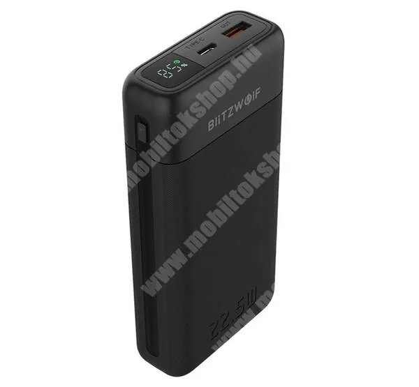 BlitzWolf power bank, Vésztöltő, 1 x USB-A, 1 x USB-C aljzat, 20000mAh, 22,5W, PD gyorstöltő, LED jelző, BW-P22, Fekete