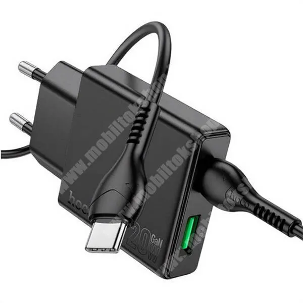 VODAFONE Smart Tab III 7 Hoco Delgado hálózati gyorstöltő, 1 x USB-A, 1 x USB-C aljzat, 20W, GaN, PD 3.0 gyorstöltés, Type-C kábel, N37, Fekete