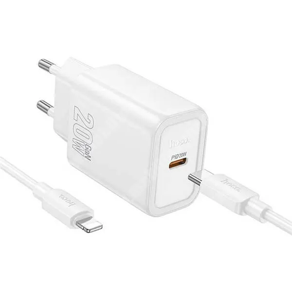 VODAFONE Smart Tab III 7 Hoco Gentle hálózati gyorstöltő, 1 x USB-C aljzat, 20W, GaN, PD 3.0, QC3.0 gyorstöltés, Lightning kábel, N60, Fehér