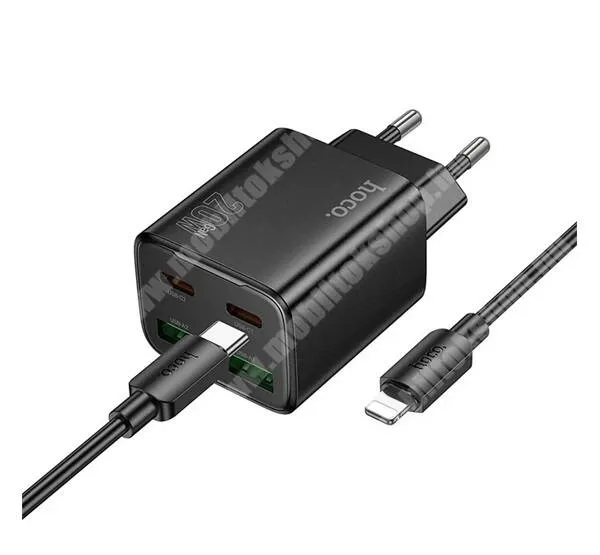 PRESTIGIO MultiPhone 5500 Duo Hoco N55 hálózati gyorstöltő, 2 x USB-A, 2 x USB-C aljzat, 20W, GaN, PD 3.0 gyorstöltés, Lightning kábel, Fekete