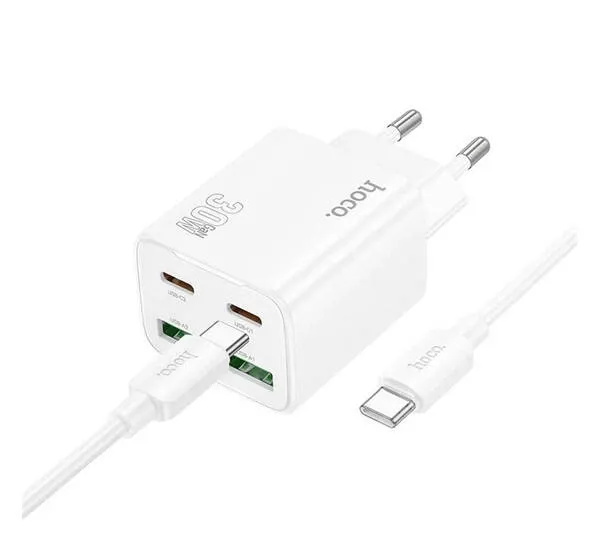 PRESTIGIO MultiPhone 5500 Duo Hoco N56 hálózati gyorstöltő, 2 x USB-A, 2 x USB-C aljzat, 30W, GaN, PD 3.0 gyorstöltés, Type-C kábel, Fehér