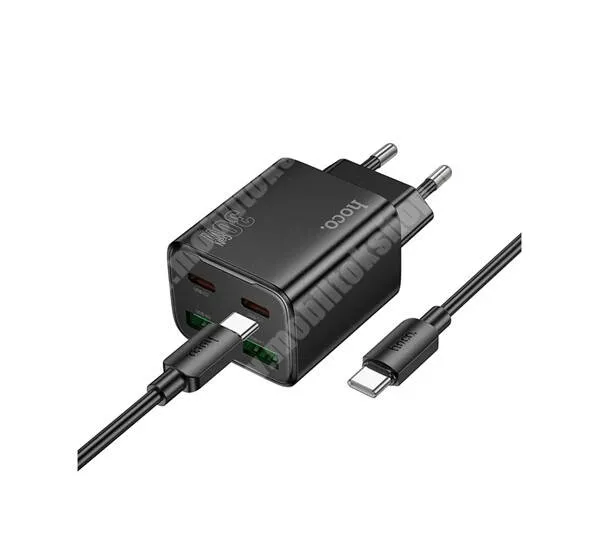 PRESTIGIO MultiPhone 5500 Duo Hoco N56 hálózati gyorstöltő, 2 x USB-A, 2 x USB-C aljzat, 30W, GaN, PD 3.0 gyorstöltés, Type-C kábel, Fekete