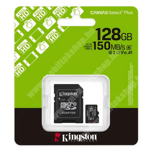  Kingston Canvas Select Plus Gen3 memóriakártya 128GB, microSDXC, Class10, 150 MB/s, UHS-1, U1, V10, A1, SD adapter, SDCS3/128GB, Fekete