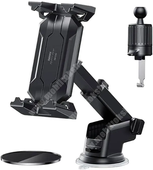 PRESTIGIO MultiPhone 7500 Remax autós telefon és tablettartó, Tapadókorongos, Szélvédőre vagy szellőzőrácsra rögzíthető, 360°-ban forgatható, 4,7-7,2" méretű készülékekhez, RM-C46, Fekete