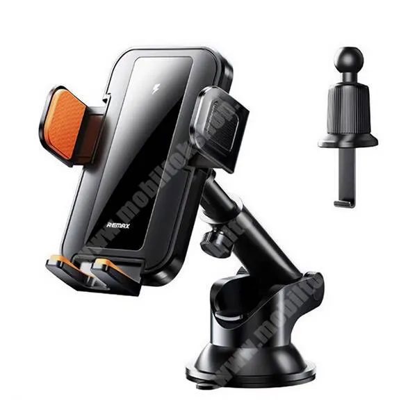 PRESTIGIO MultiPhone 7500 Remax autós telefontartó, Tapadókorongos, Szélvédőre vagy szellőzőrácsra rögzíthető, 15W Qi vezeték nélküli töltés, 360°-ban forgatható, Gravitációs bölcső, 4-6,9" méretű készülékekhez,  RM-C04, Fekete