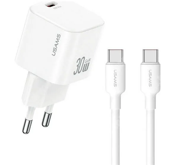 PRESTIGIO MultiPhone 5500 Duo Usams JO hálózati gyorstöltő, 1 x USB-C aljzat, 30W, GaN, PD, Type-C kábel, JOXLTZ01, Fehér