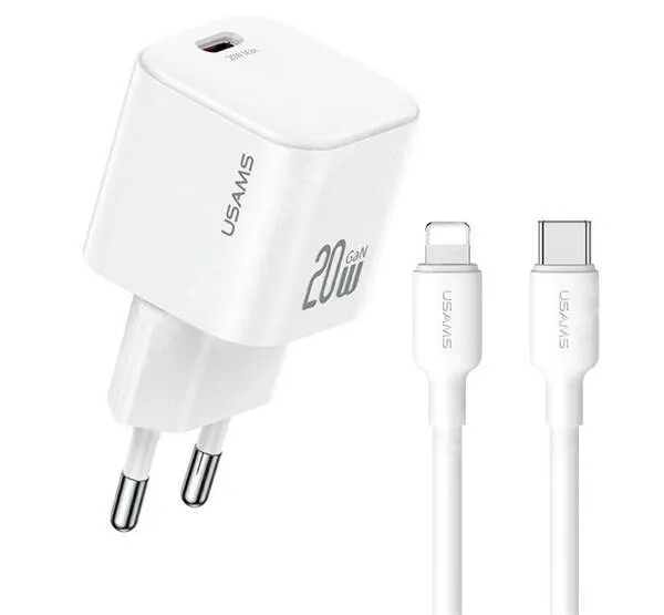 Evolveo StrongPhone Q8 LTE Usams JO hálózati gyorstöltő, 1 x USB-C aljzat, 20W, GaN, PD, Type-C / Lightning kábel, JOXLTZ03, Fehér