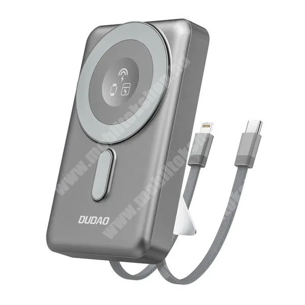 Jolla Jolla C Dudao power bank, Vésztöltő, 1 x USB-C aljzat, 10000mAh, 20W, PD3.0, QC3.0 gyorstöltő, LED jelző, 15W MagSafe Qi vezeték nélküli töltés, Fix Type-C és Lightning kábel, Kitámasztó, K29, Szürke