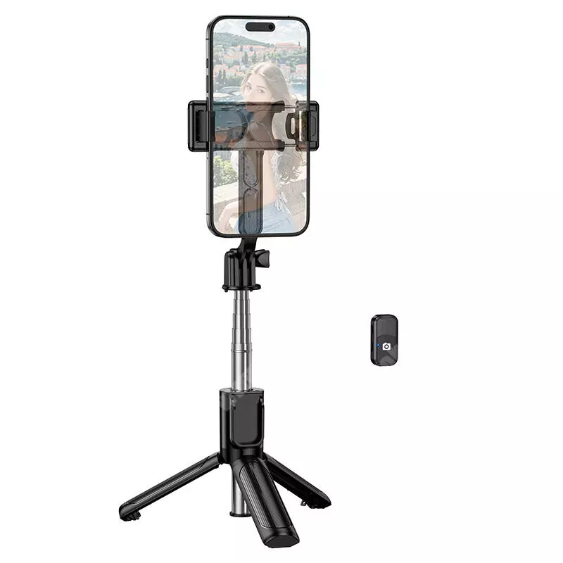  Hoco Borofone Graceful teleszkópos selfie bot és tripod állvány, 16-62cm-ig állítható nyél, 60–90mm-ig nyíló bölcső, Bluetooth kioldó, BY14, Fekete