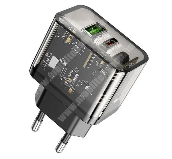  Hoco N34 hálózati gyorstöltő, 1 x USB-A, 1 x USB-C aljzat, 20W, PD 3.0 gyorstöltés, Kábel nélkül, Fekete