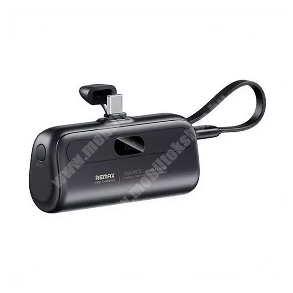  Remax Capsule power bank, Vésztöltő, 1 x USB-C csatlakozó, 5000mAh, 20W, PD 3.0, QC 3.0, FCP, AFC, PPS gyorstöltés, LED kijelző, Fix Type-C kábel, RPP-76, Fekete