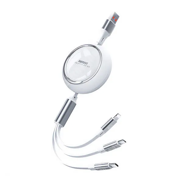 Jolla Jolla C Remax Linion adatátviteli kábel, USB töltő, USB-A / USB-C (66W) + microUSB (10W) + Lightning (10W) csatlakozók, Lapos kábel, Felcsévélhető, 1,2m hosszú, RC-C029, Fehér