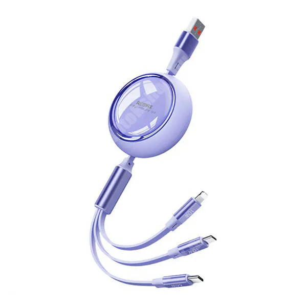 Jolla Jolla C Remax Linion adatátviteli kábel, USB töltő, USB-A / USB-C (66W) + microUSB (10W) + Lightning (10W) csatlakozók, Lapos kábel, Felcsévélhető, 1,2m hosszú, RC-C029, Lila