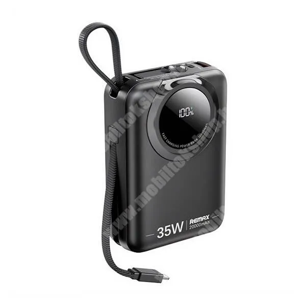 Jolla Jolla C Remax Scuba power bank, Vésztöltő, 1 x USB-C, 1 x Lightning aljzat, 20000mAh, 35W, PD gyorstöltő, LED kijelző, Fix Type-C kábel, RPP-73, Fekete