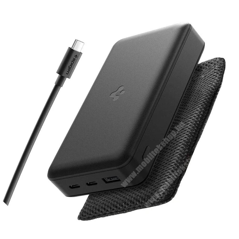 Jolla Jolla C Spigen power bank, Vésztöltő, 1 x USB-A, 2 x USB-C csatlakozó 20000mAh, 30W, PD 3.0, LED jelzés, Type-C kábel, Hordozó tok, ABA09433, EA3020, Fekete