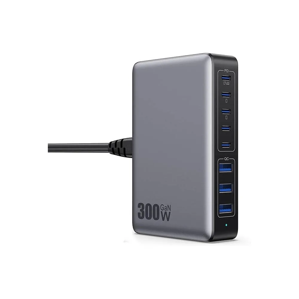 Evolveo StrongPhone Q8 LTE BlackBird asztali gyorstöltő állomás, GaN, 300W, 3 x USB-A, 5 x USB-C, Jelző LED, PD 3.1, QC 4.0, PPS, AFC, FCP, SCP, BH1672, Fekete