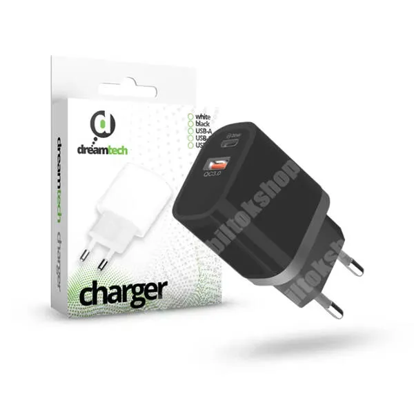 VODAFONE Smart Tab III 7 Dreamtech Charger hálózati töltő, 1 x USB-C és 1 x USB-A aljzattal, 20W, PD gyorstöltés támogatás, Kábel nélkül, Fekete