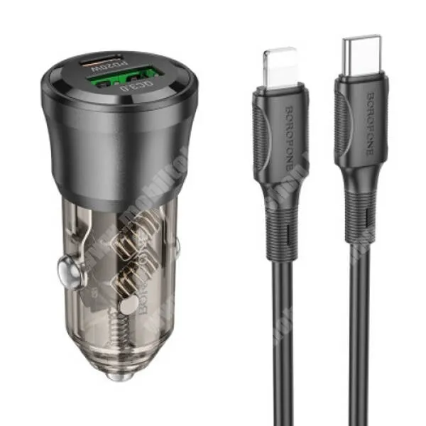 SJCAM SJDASH Hoco Borofne autós, szivargyújtós telefontöltő, 1 x USB-A, 1 x USB-C aljzat, 38W, PD 3.0, QC 3.0 gyorstöltés, Type-C / Lightning kábel, BZ25, Fekete