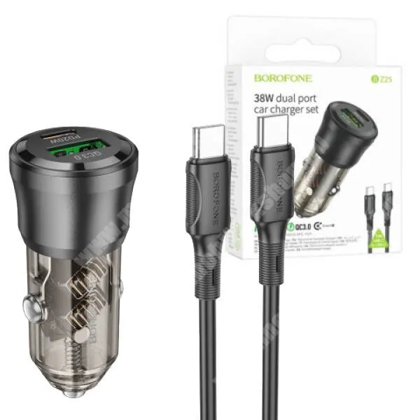 Telenor S320 Hoco Borofne autós, szivargyújtós telefontöltő, 1 x USB-A, 1 x USB-C aljzat, 38W, PD 3.0, QC 3.0 gyorstöltés, Type-C / Type-C kábel, BZ25, Fekete