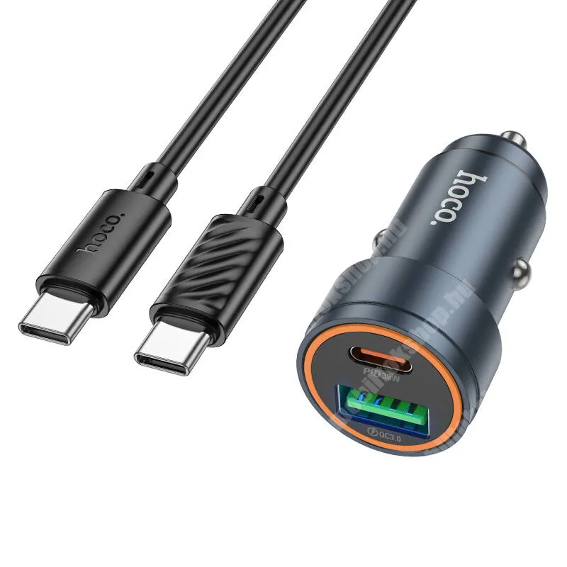  Hoco Glorious autós telefontöltő, 1 x USB-A, 1 x USB-C aljzat, 30W, PD 3.0, QC 3.0, AFC, FCP, SCP, PPS gyorstöltés, Type-C kábel, Z57A, Fekete