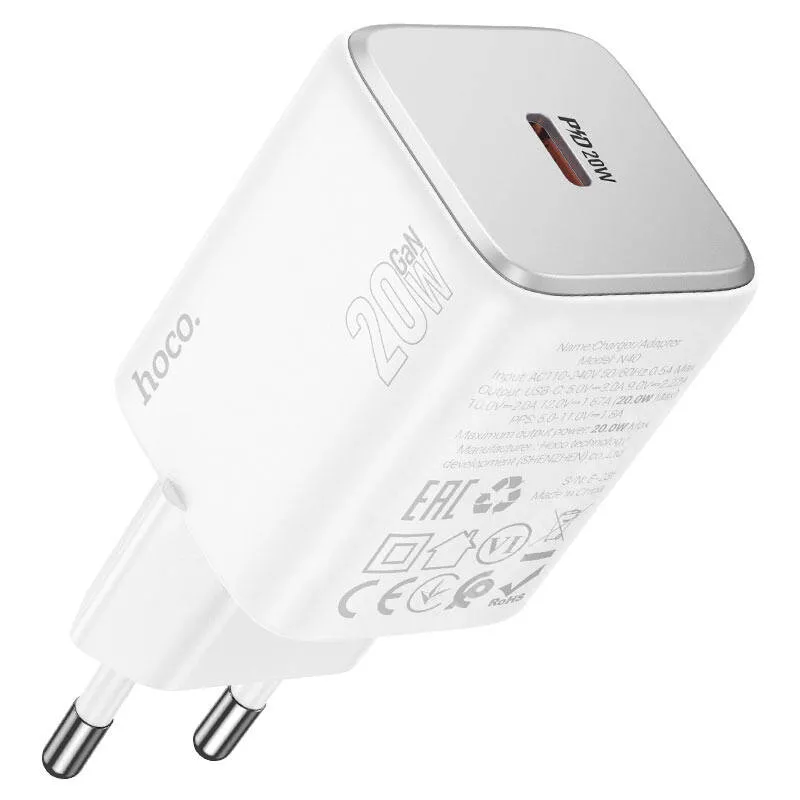  Hoco Mighty hálózati gyorstöltő, 1 x USB-C aljzat, 20W, GaN, PD 3.0, QC3.0 gyorstöltés, Kábel nélkül, N40, Fehér
