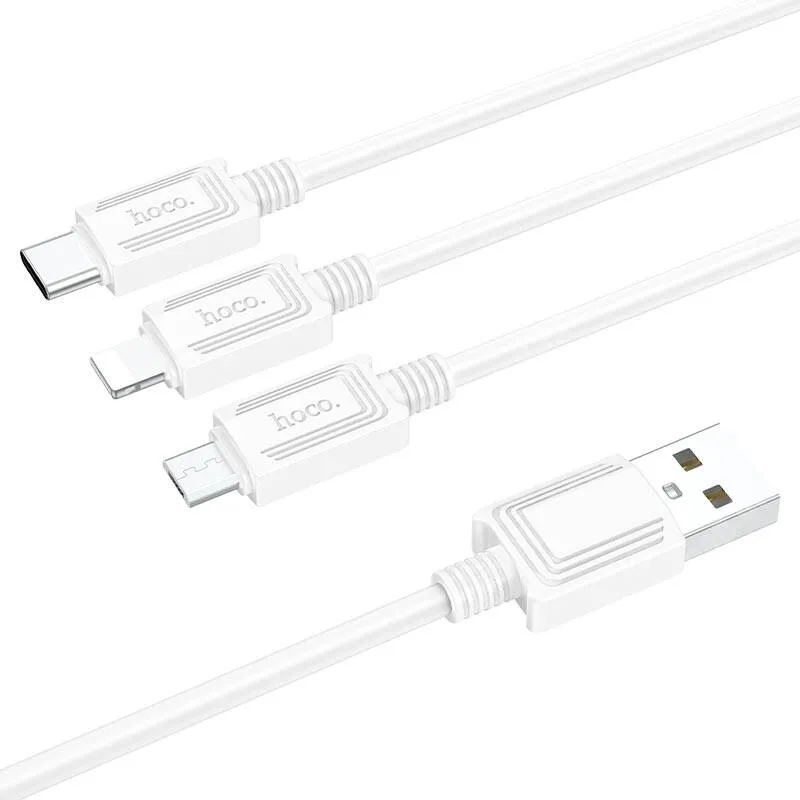  Hoco töltő kábel, USB-A / USB-C + microUSB + Lightning csatlakozók, 2A, 10W, 1m hosszú, Törésgátlós, Adatátvitelt nem támogat!, X74, Fehér
