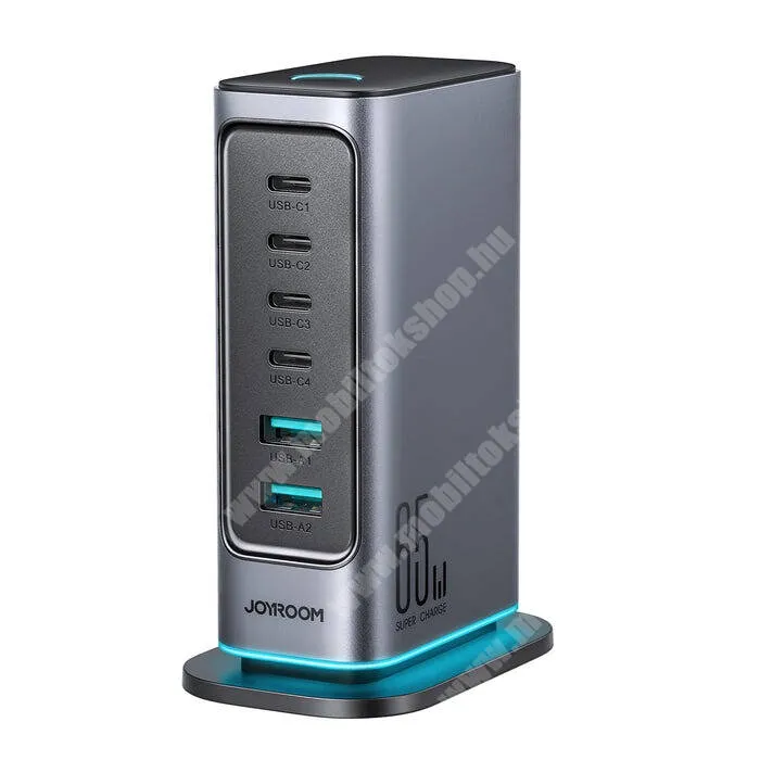 GoPro Hero 9 Joyroom asztali gyorstöltő állomás, GaN, 65W, 2 x USB-A, 4 x USB-C, LED, PD 3.0, QC 3.0, JR-TCM02, Sötétszürke