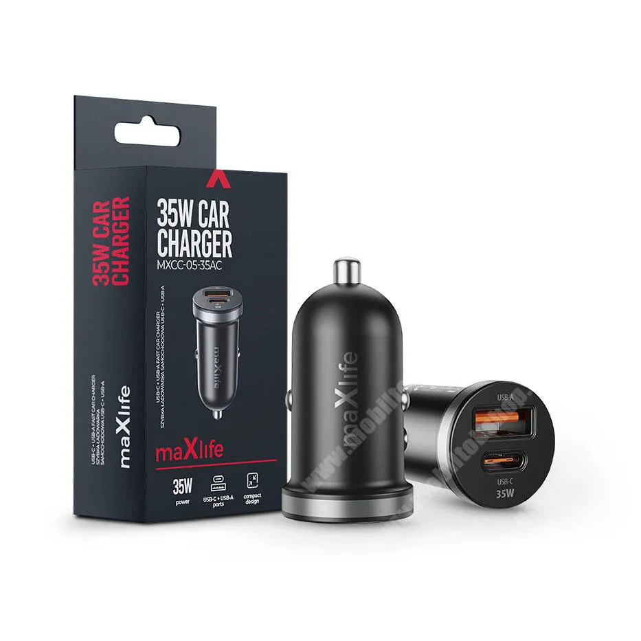 GoPro Hero 9 maXlife autós telefontöltő, 1 x USB-A, 1 x USB-C aljzat, 35W, PD 3.0, QC 3.0, AFC, FCP, SCP, PPS gyorstöltés, Kábel nélkül, MXCC-05, Fekete