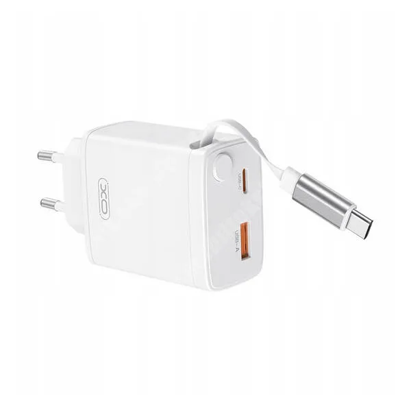 BEEX CONQUEST XO hálózati gyorstöltő, 1 x USB-A, 1 x USB-C aljzat, 30W, GaN, PD 3.0, QC3.0 gyorstöltés, Felcsévélhető fix Type-C Kábel, CE31, Fehér