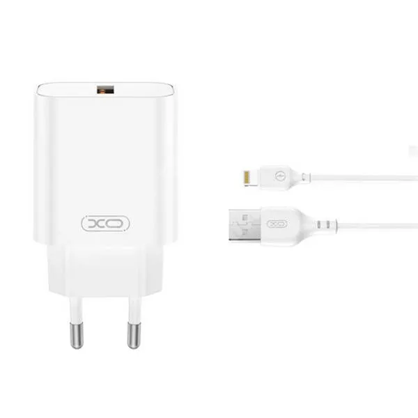 BEEX CONQUEST XO hálózati gyorstöltő, 1 x USB-A aljzattal, 18W, QC gyorstöltés, USB-A / Lightning adat és töltőkábel, CE33, Fehér